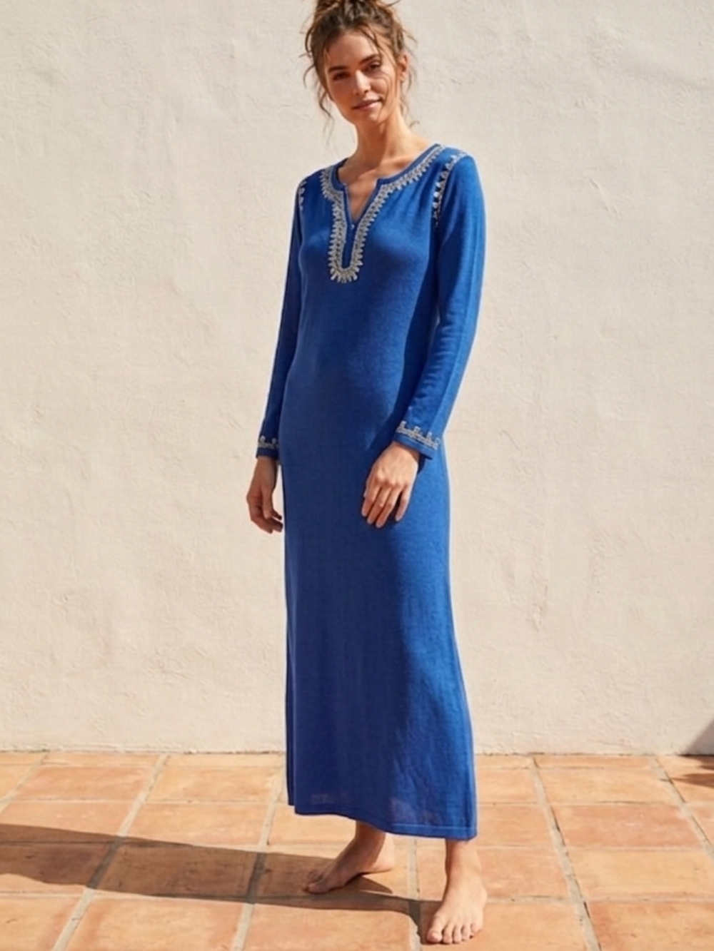 Soft Surroundings mediterranean blue silk & cashmere embellished lounge dress sm